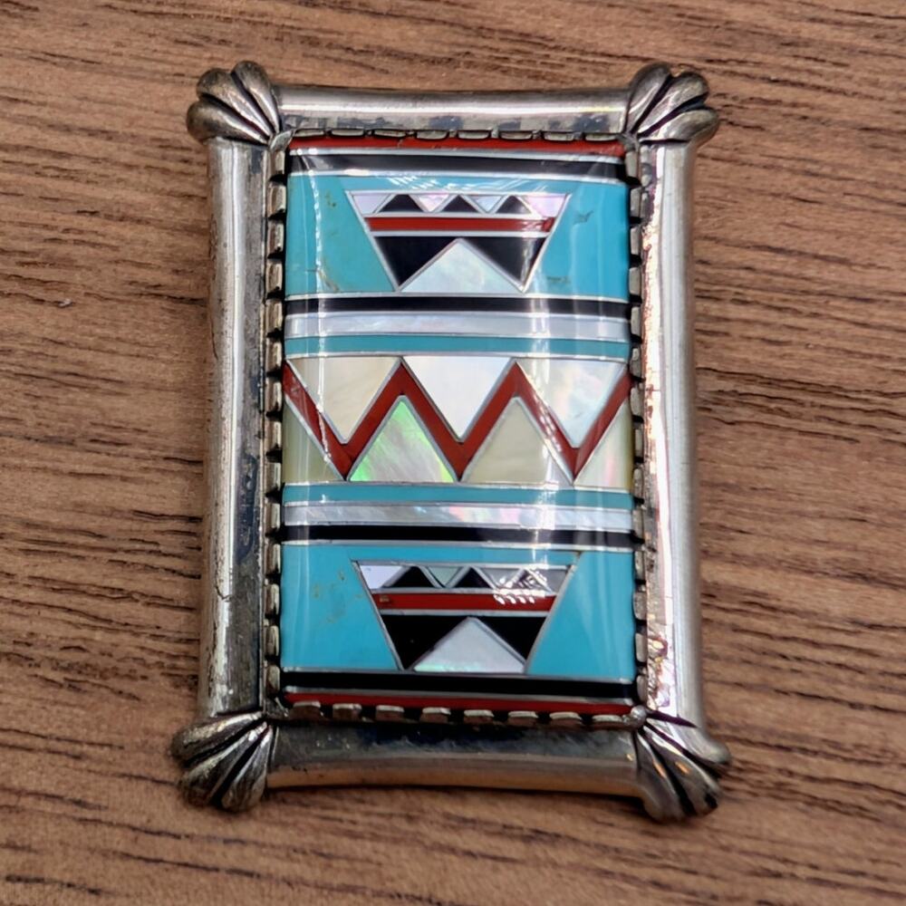 Vtg Carolyn Pollack Relios Southwestern Inlay Stone Sterling Brooch/Pendant